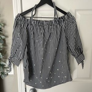 Off the Shoulder Grey/White Striped Top w/Pearls